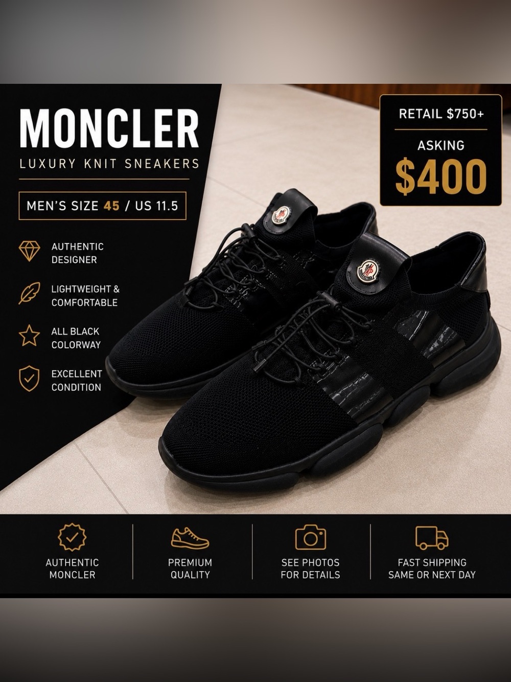 Moncler Men’s Black Knit Sneakers with Logo Badge